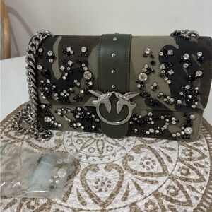 Pinko Love bag in camouflage. Embellished